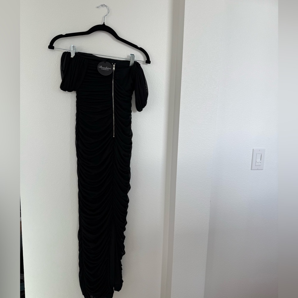 Black Ruched Off-Shoulder Dress - Picture 2 of 5